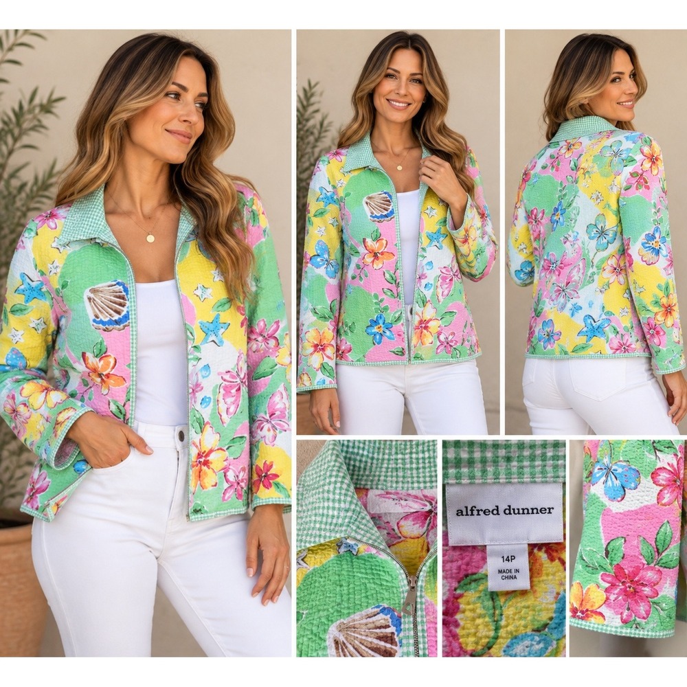 Alfred Dunner Petite 14P Quilted Floral Coastal Jacket Gingham Trim Multi